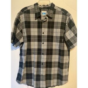Columbia Casual Shirt Size Large Short Sleeves 100% Cotton Black Gray Plaid